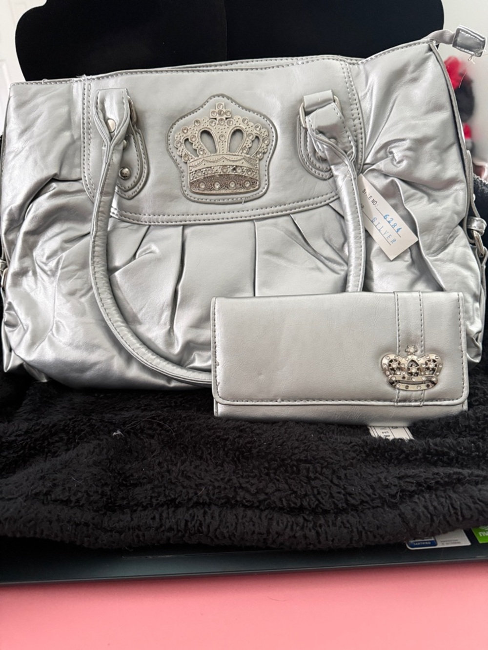 Silver Crown-Embellished Tote and Wallet Set - Women Bags